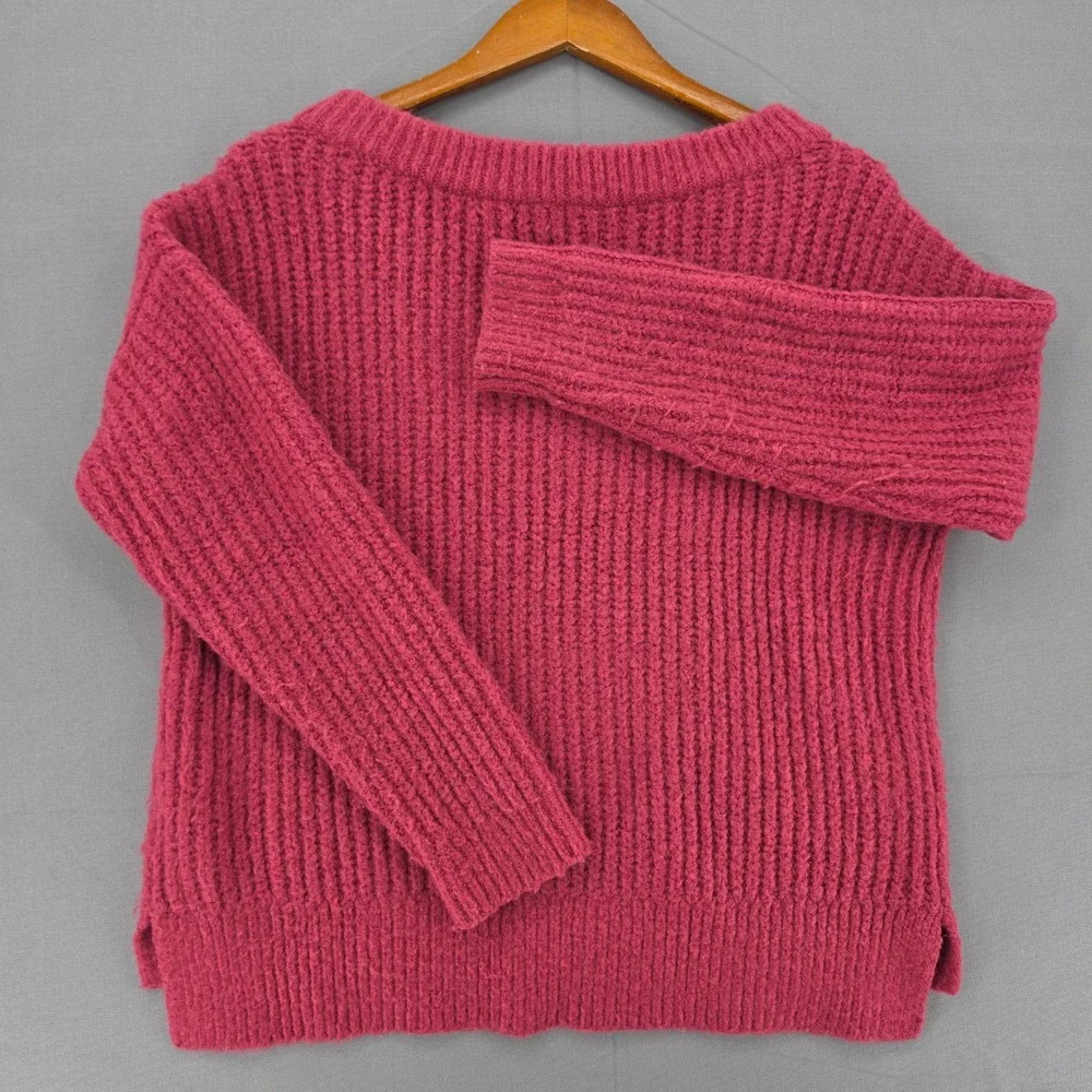 Lucky Brand Womens Magenta Pink Ribbed V-Neck Chunky Knit Sweater Size Medium